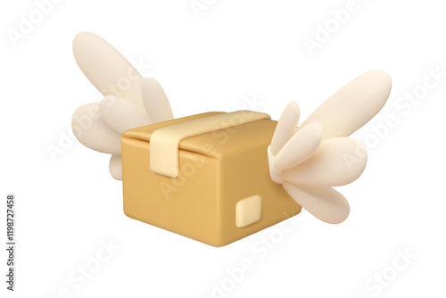 Box with wings delivery icon. Vector 3d parcel package flying, fast express shipment concept. Courier service illustration isolated on white background