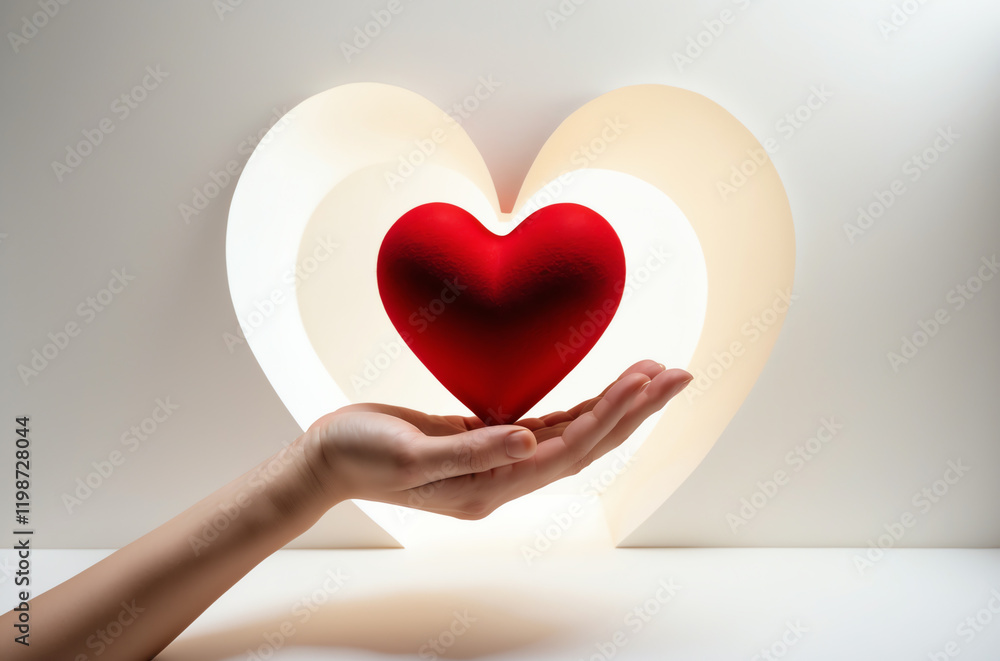 Romantic Minimalist Design: A Hand Gently Cradling a Bright Red Heart Against a Pristine White Background Romantic Minimalist Design: A Hand Gently Cradling a Bright Red Heart Against a Pristine White Background