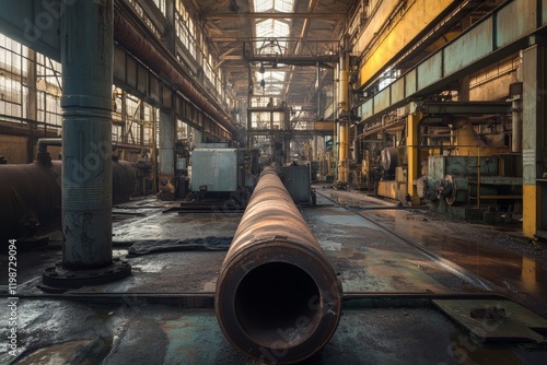 Factory environment There are metal pipes and machinery in the background. photo