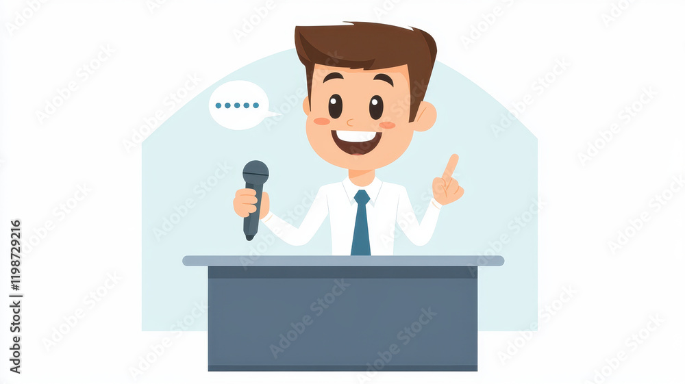 Cartoon character giving speech at podium with microphone, expressing enthusiasm and engagement. setting is bright and inviting, perfect for presentations Cartoon character giving speech at podium with microphone, expressing enthusiasm and engagement. setting is bright and inviting, perfect for presentations