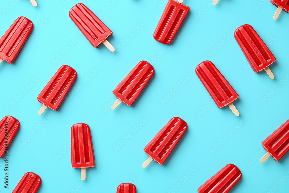 Delicious red popsicles arranged on a vibrant blue backdrop creating a refreshing summer pattern Delicious red popsicles arranged on a vibrant blue backdrop creating a refreshing summer pattern
