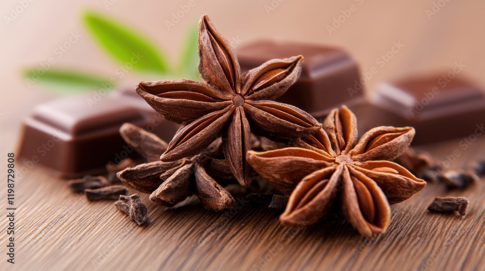 star anise and dark chocolate on a wooden table star anise and dark chocolate on a wooden table