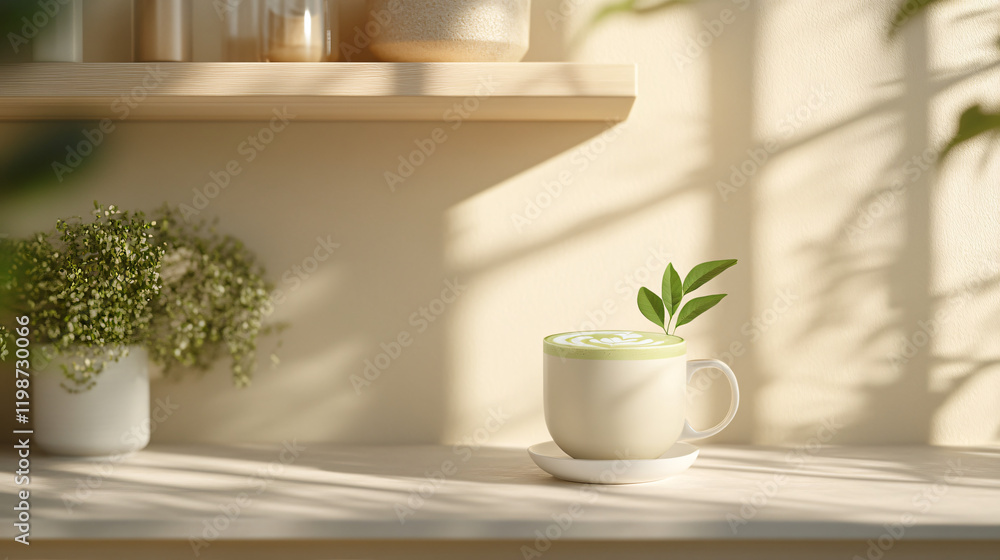 A classic Matcha Latte with oat milk, presented in a clean white mug and topped with a delicate swirl of frothy foam, garnished with matcha leaves for an organic touch. A classic Matcha Latte with oat milk, presented in a clean white mug and topped with a delicate swirl of frothy foam, garnished with matcha leaves for an organic touch.