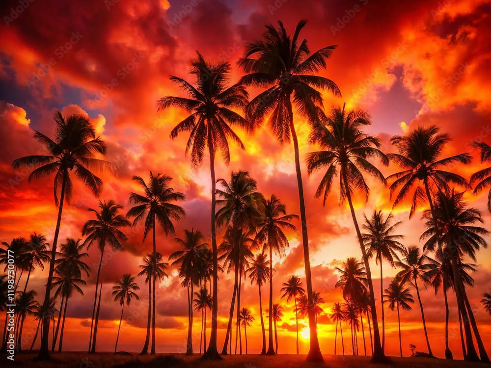 Silhouetted Palm Trees at Sunset - Fiery Red Sky Stock Photo Silhouetted Palm Trees at Sunset - Fiery Red Sky Stock Photo
