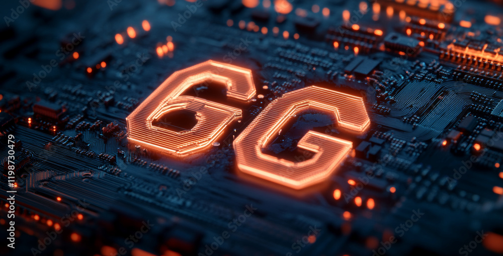 A chip on a circuit board has a 6G logo A chip on a circuit board has a 6G logo
