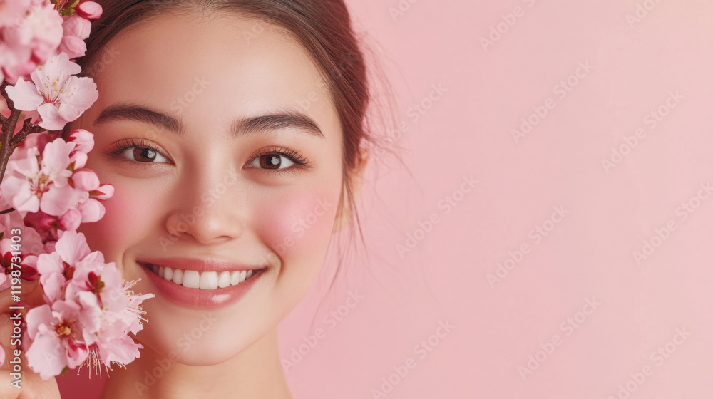 Charming portrait of woman with blooming flowers on soft pink background Charming portrait of woman with blooming flowers on soft pink background