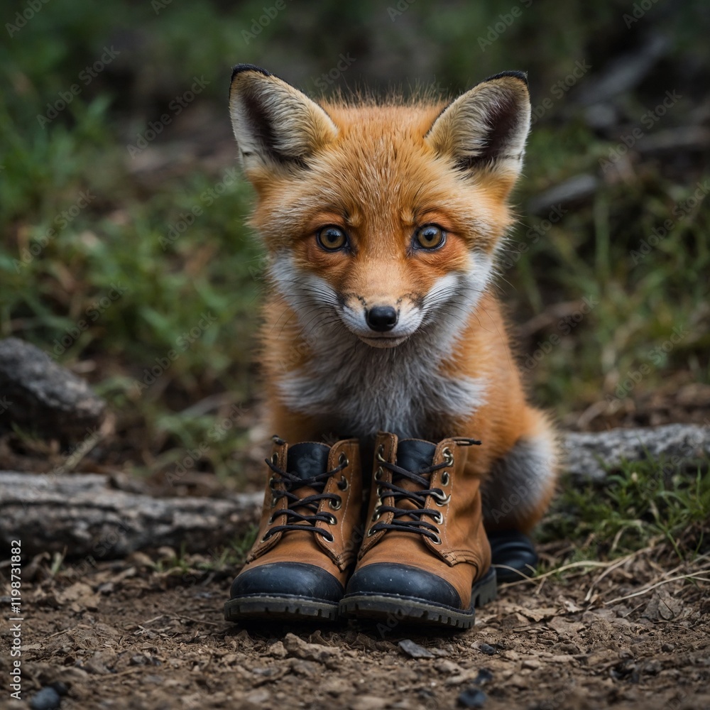 Fototapeta premium A baby fox looking curiously at a hiker’s boots.