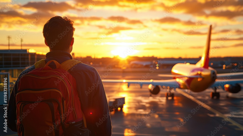Fototapeta premium traveler with backpack stands at airport, watching vibrant sunset as airplane prepares for departure, evoking sense of adventure and anticipation