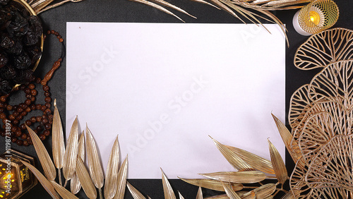 Blank sheet of paper in the middle of kurma, prayer beads, lanterns, and decoration isolated on black background. Islamic, Ramadan, Eid mubarak concept photo