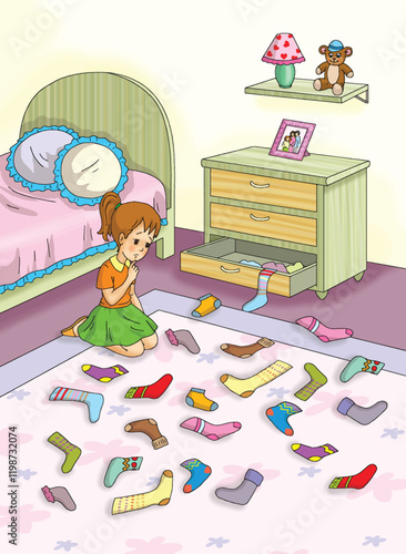 Cartoon. Little girl trying to find the pair of socks. Match the socks.