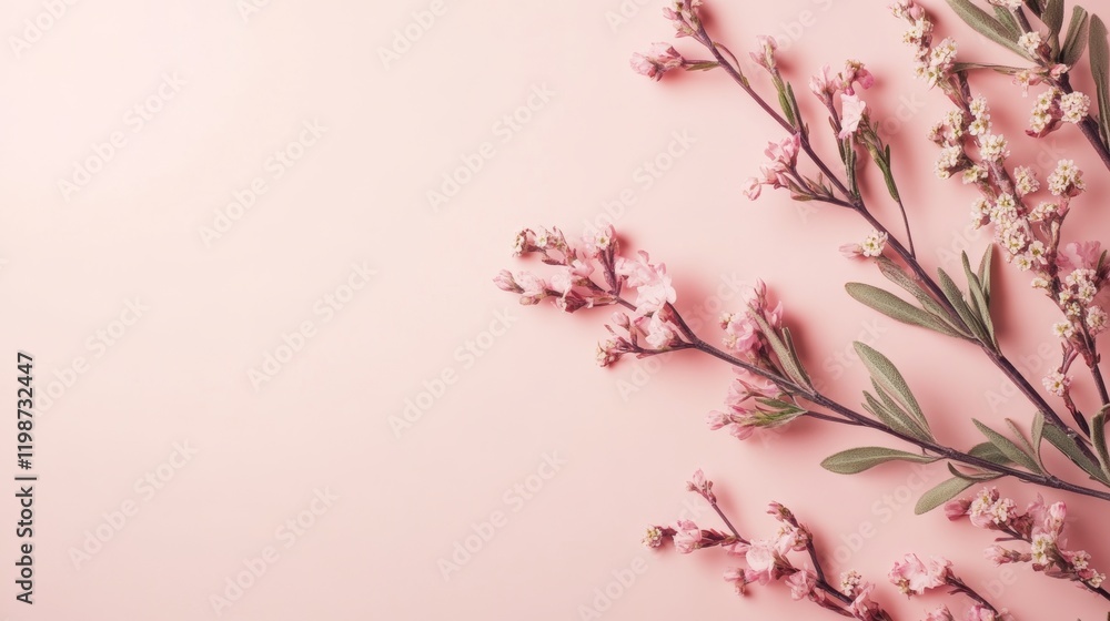 Pink flowers with green leaves on a pink background Pink flowers with green leaves on a pink background