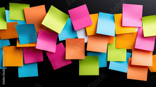 Colorful sticky notes arranged on black background, showcasing vibrant and creative brainstorming concept. variety of colors adds dynamic and energetic feel to scene