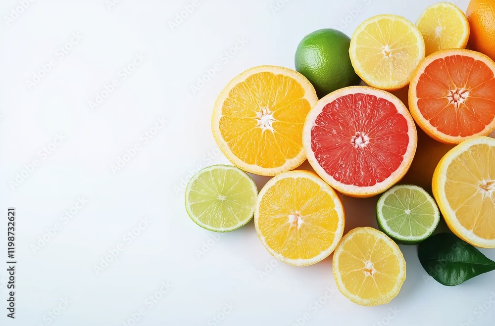 A pile of citrus fruits, such as oranges and limes, arranged on a white background. A pile of citrus fruits, such as oranges and limes, arranged on a white background.