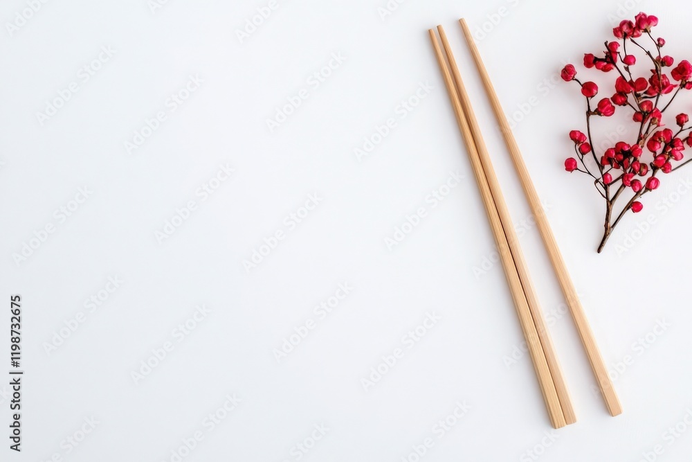 pair of wooden chopsticks with red berries on white background pair of wooden chopsticks with red berries on white background
