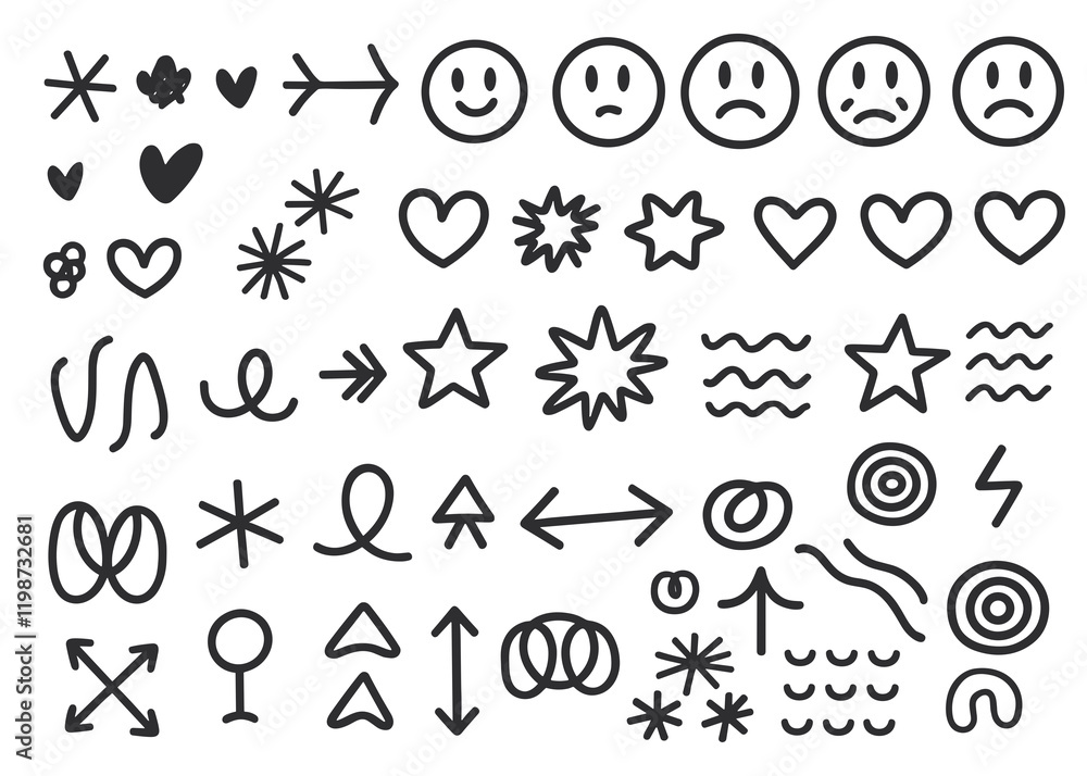 Hand-Drawn Doodle Elements Pack with Arrows, Stars, Hearts, and Smiley Hand-Drawn Doodle Elements Pack with Arrows, Stars, Hearts, and Smiley
