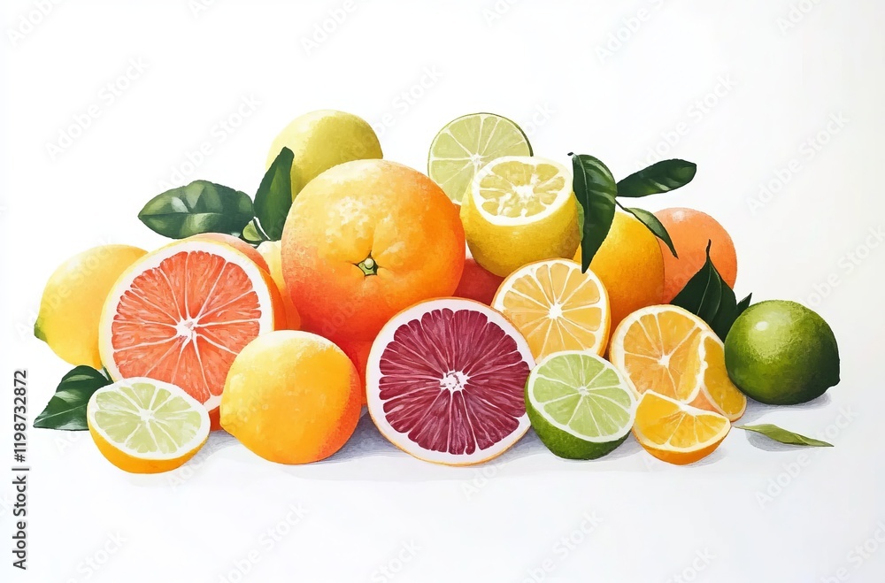 A pile of citrus fruits, such as oranges and limes, arranged on a white background. A pile of citrus fruits, such as oranges and limes, arranged on a white background.