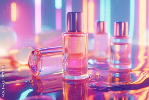 A bottle of perfume is displayed on a table with two other bottles