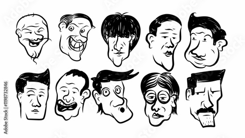 set of caricature faces, cartoon style vector design with unique and exaggerated expressions, perfect for humor, comics, and creative projects