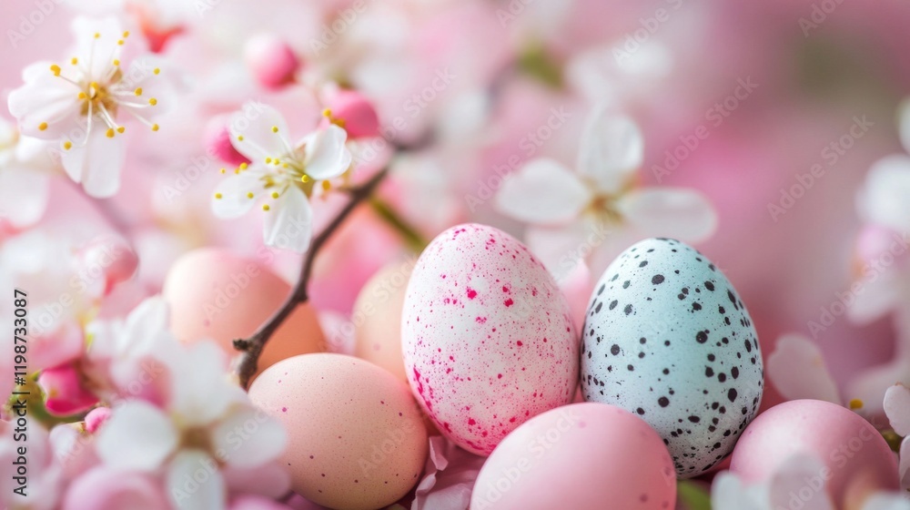Fototapeta premium Pastel Easter Eggs and Delicate Spring Blossoms