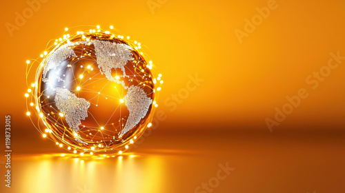 digital globe interconnected with glowing lines on vibrant orange background, symbolizing global connectivity and technology. image conveys sense of innovation and modern communication