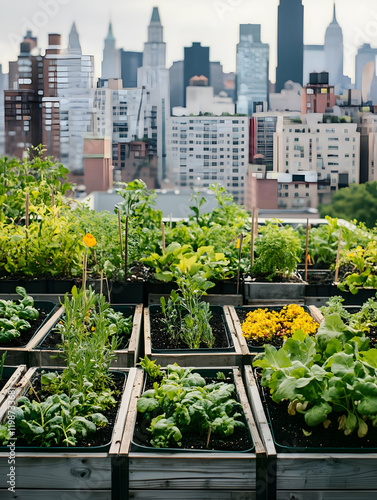 A rooftop terrace garden filled with lush green garden. Urban garden. photo