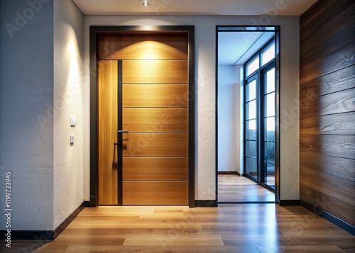 Wallpaper Mural Silhouette of Modern Wooden Door with Black Frame & Metal Accents in Contemporary Hallway Torontodigital.ca