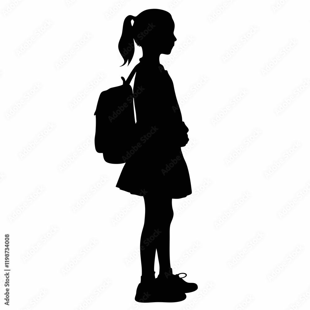 A girl is standing in front of a white background. She is wearing a backpack and a dress A girl is standing in front of a white background. She is wearing a backpack and a dress