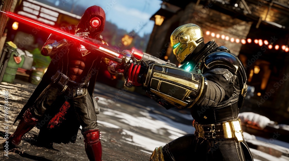 Fototapeta premium Futuristic Sci Fi Combat Scene Two Armored Figures Engage in Intense Laser Weapon Battle