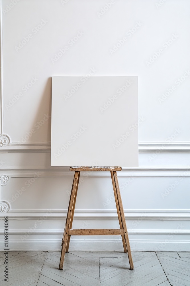 A blank canvas on a wooden easel stands against a decorative white wall, perfect for art and design concepts. A blank canvas on a wooden easel stands against a decorative white wall, perfect for art and design concepts.