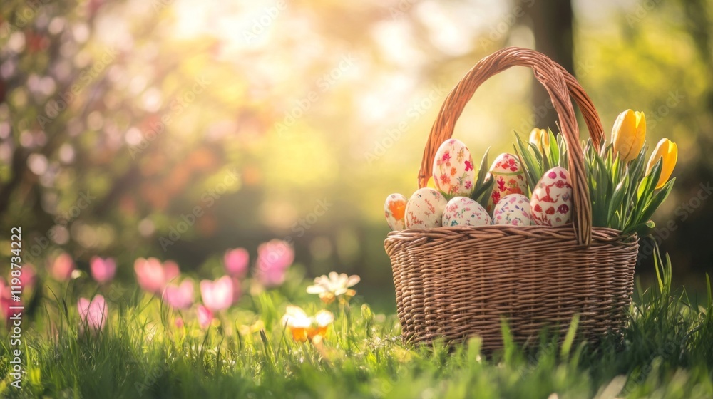 Colorful Easter Eggs in a Wicker Basket Surrounded by Spring Blossoms Colorful Easter Eggs in a Wicker Basket Surrounded by Spring Blossoms