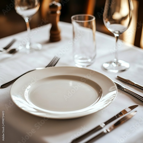 Wallpaper Mural This image showcases an elegant dining table setting featuring an empty plate, wine glass, and cutlery, perfect for fine dining or restaurant ambiance. Torontodigital.ca