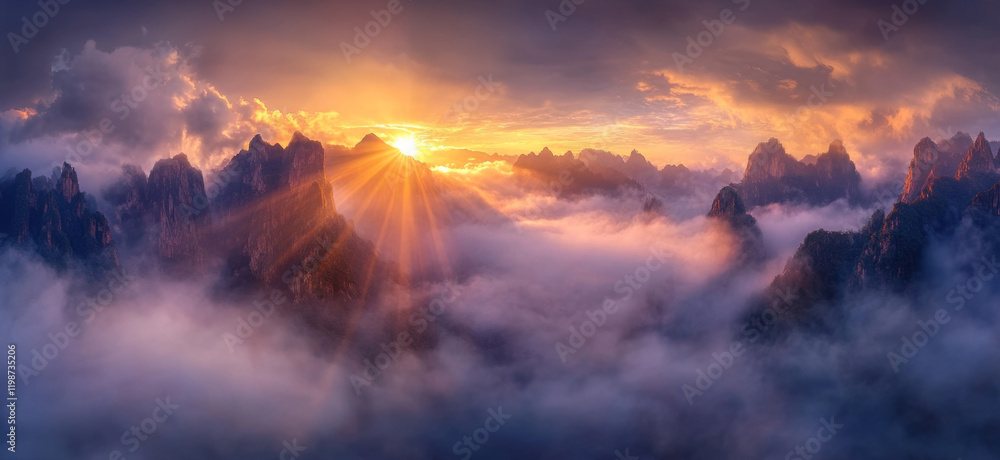 A magnificent natural landscape with a colorful sunrise or sunset sky in the background. You can see rolling mountains in the picture. A magnificent natural landscape with a colorful sunrise or sunset sky in the background. You can see rolling mountains in the picture.