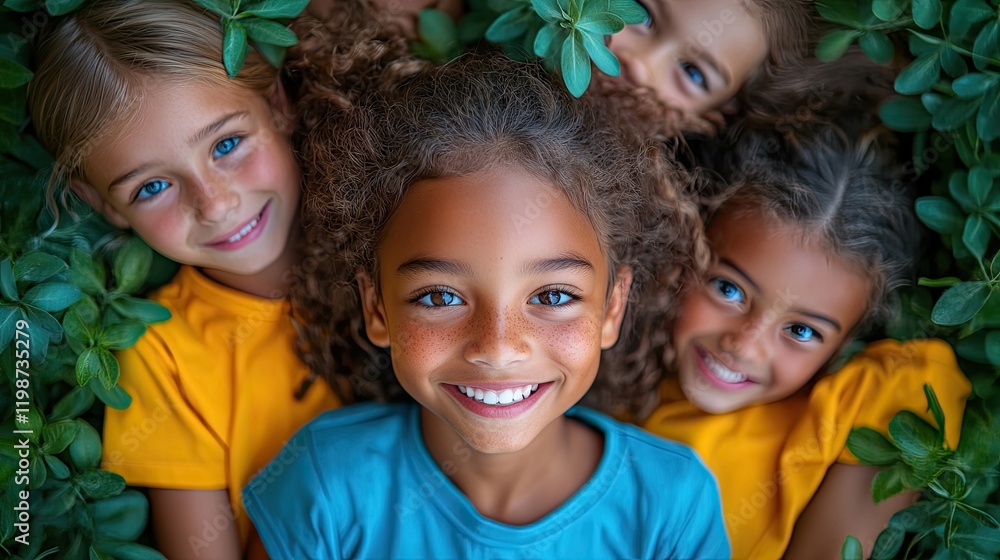 Four joyful children with bright smiles playfully nestled in lush green foliage, capturing innocence Four joyful children with bright smiles playfully nestled in lush green foliage, capturing innocence