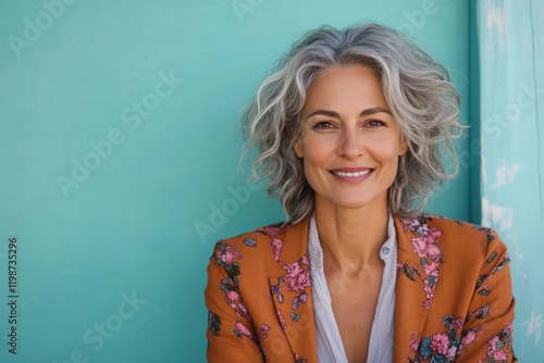 Happy woman with curly gray hair smiling against a turquoise background in a casual setting