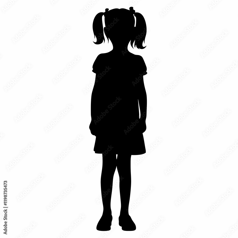 A girl is standing in front of a white background. She is wearing a dress and has her hair in pigtails A girl is standing in front of a white background. She is wearing a dress and has her hair in pigtails