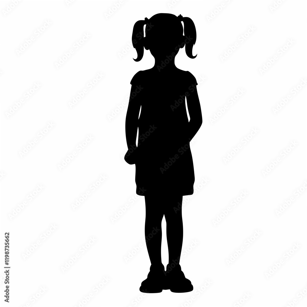 A girl is standing in front of a white background. She is wearing a dress and has her hair in pigtails A girl is standing in front of a white background. She is wearing a dress and has her hair in pigtails