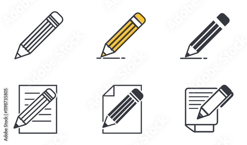 Paper And Pencil Cartoon Icon Set Vibrant Collection for Enthusiasts and Designers