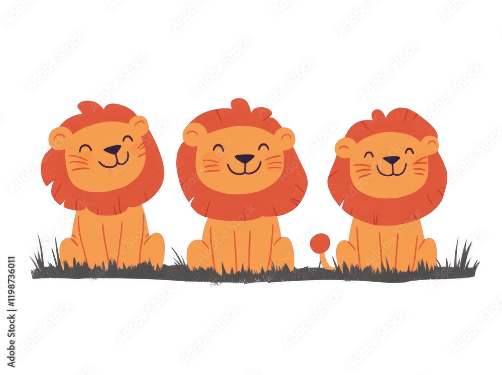 Obraz premium Cute smiling cartoon lions sitting on grass, showcasing their playful expressions and vibrant colors. Perfect for children illustrations or playful designs