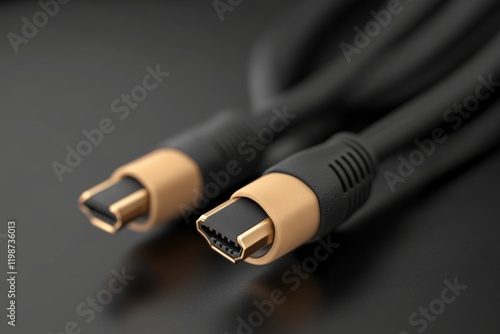 close up of two black and gold firewire cables on a dark background