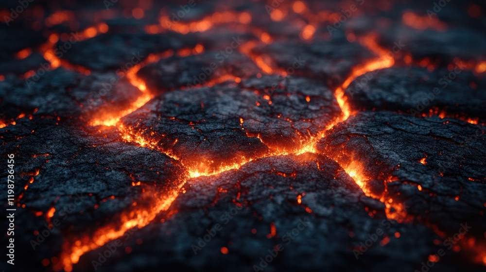 Glowing Lava Cracks on Volcanic Landscape with Fiery Eruptions in the Background at Night Glowing Lava Cracks on Volcanic Landscape with Fiery Eruptions in the Background at Night