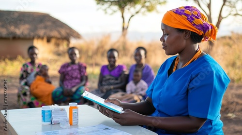 A healthcare worker provides medical guidance to a group in a rural setting. photo