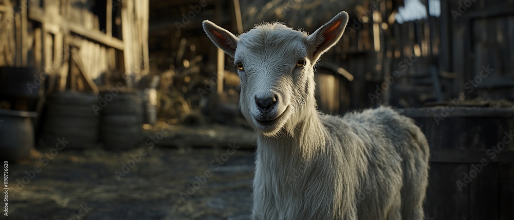 Obraz premium Young goat in rustic barn, sunset