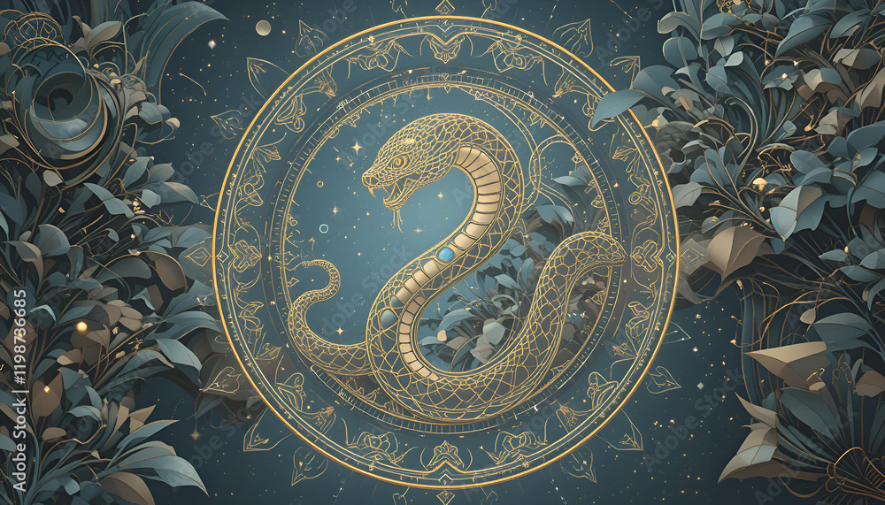 Golden Snake Mandala Surrounded by Leaves and Cosmic Elements | snake positioned at the center of a circular arrangement surrounded by various plants and colorful flowers | snake Golden Snake Mandala Surrounded by Leaves and Cosmic Elements | snake positioned at the center of a circular arrangement surrounded by various plants and colorful flowers | snake