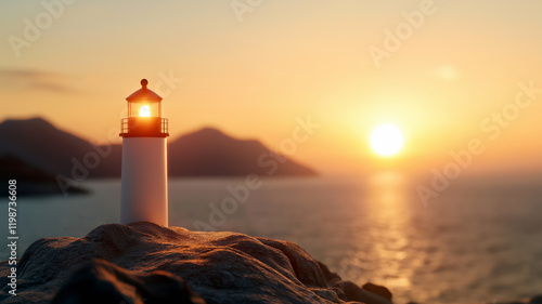 A glowing lighthouse overlooking the ocean with mountains in the background and a golden sunset.