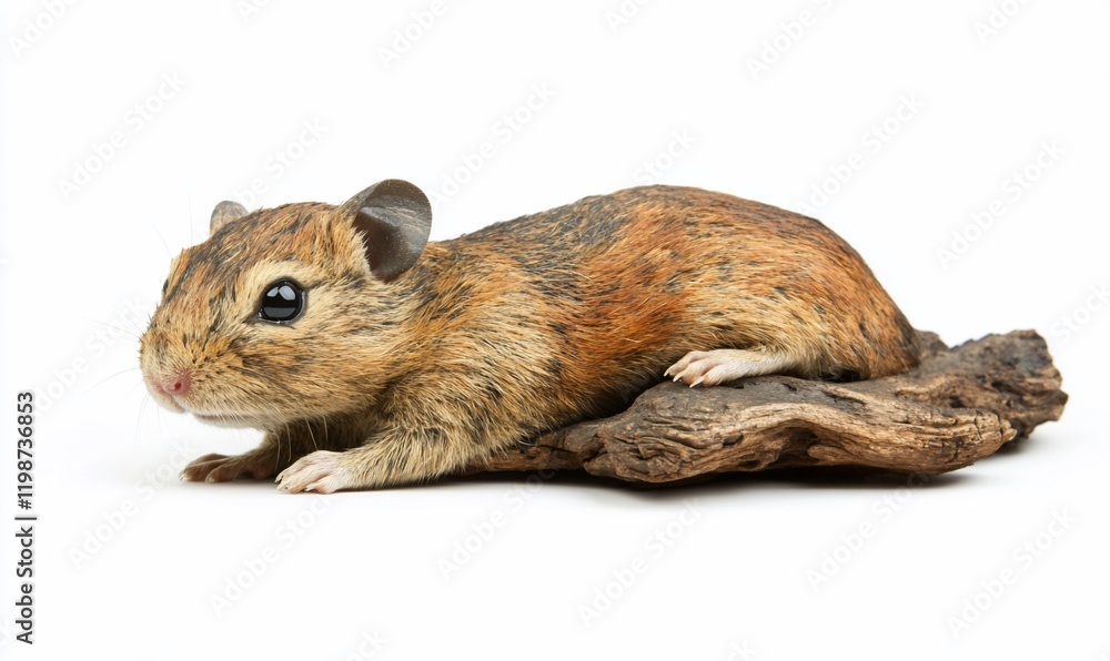 Young rodent on wood, white background, pet, animal