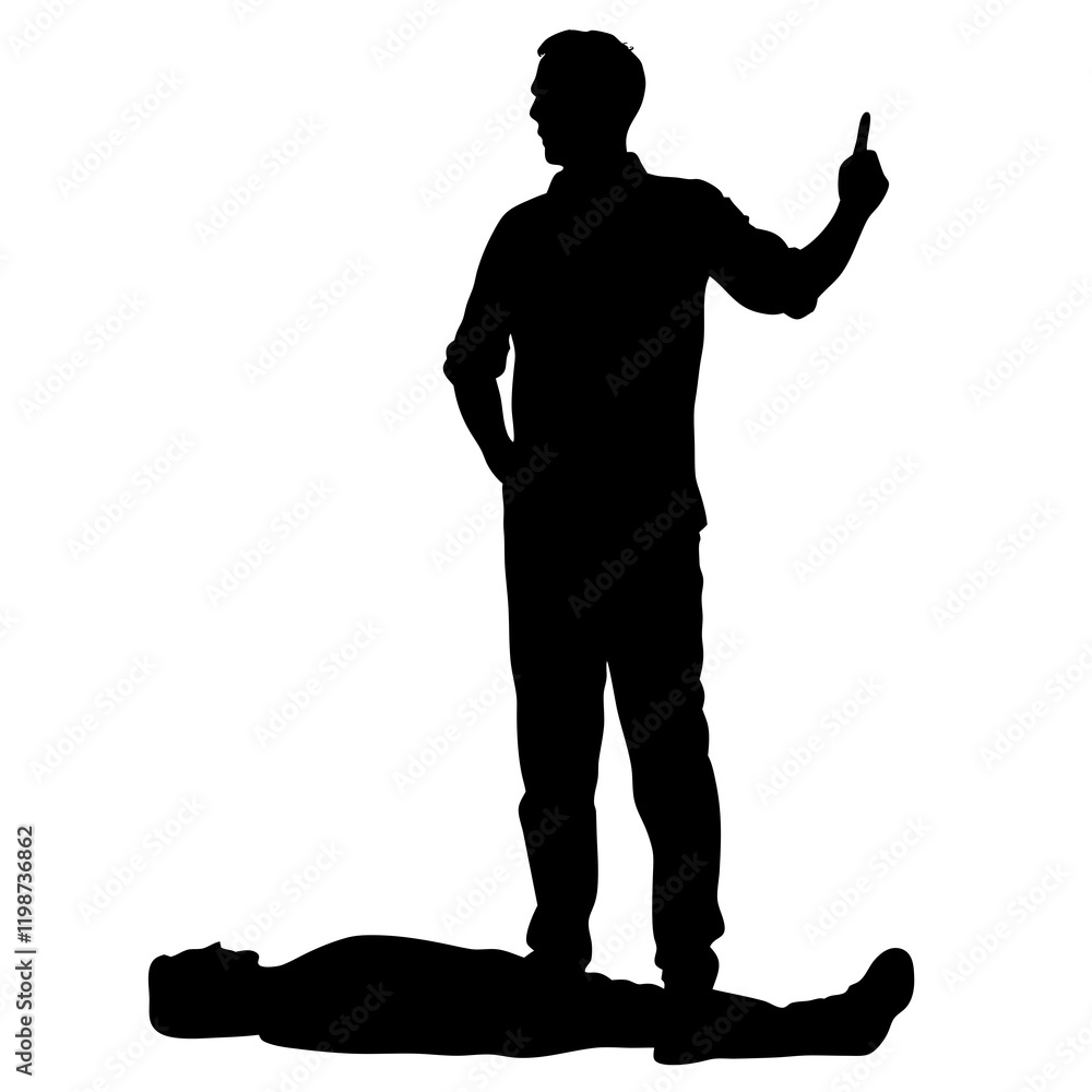 A man is standing in front of a white background. He is wearing a black shirt and black pants. He is holding a finger up in the air A man is standing in front of a white background. He is wearing a black shirt and black pants. He is holding a finger up in the air