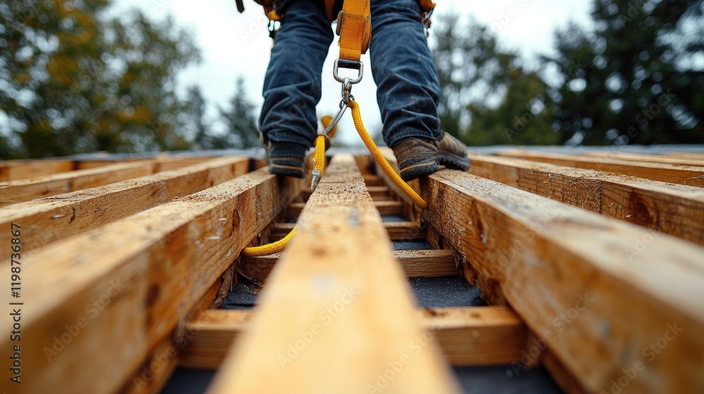 custom made wallpaper toronto digitalWorker on a roof using safety harness, wooden beams visible, cloudy sky in the background