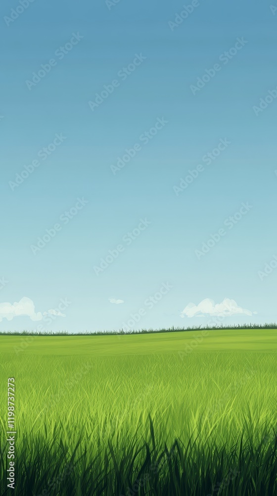 Obraz premium Vibrant green field stretching under a clear blue sky with soft clouds, evoking peace and natural beauty.