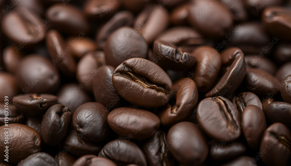 Fototapeta premium Close-up of roasted coffee beans with rich brown tones, showcasing their texture, aroma, and essence of fresh espresso