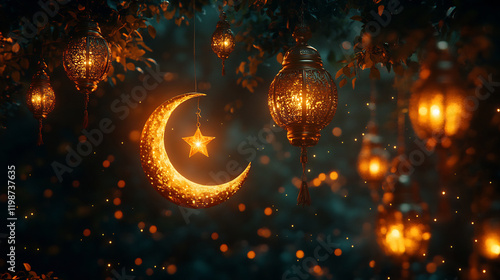 Glowing crescent moon and star with ornate lanterns hanging among trees. Festive Ramadan and Eid celebration concept with warm lights photo